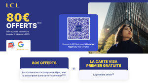 Offre de bienvenue LCL offrant 80 euros pour une ouverture de compte.