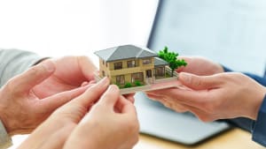 Mains tenant une maquette de maison avec des arbres.