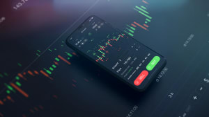 Représentation de a bourse sur un téléphone portable, avec un graphique.