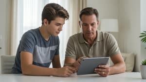 Homme et adolescent regardent ensemble une tablette dans un salon.