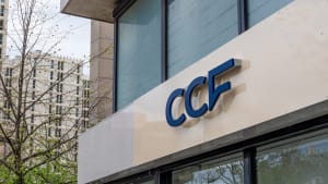 Paris, France - 9 avril 2024: Enseigne et logo d'une agence bancaire du groupe Cr�dit commercial de France (CCF). Le CCF est une banque fran�aise qui op�rait auparavant en France sous la marque HSBC