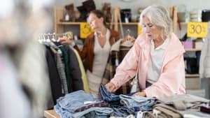 Une femme �g�e en veste se tient pr�s du comptoir avec des pantalons et choisit des jeans en denim de haute qualit�. Les clients sont venus pour la vente d'automne et d'hiver dans le magasin.