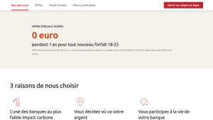Capture du site Cr�dit Coop�ratif pr�sentant l'offre 0 euro pendant un an pour les jeunes