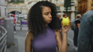 Femme tenant une tirelire dans une rue anim�e, refl�tant une pr�occupation financi�re sur fond urbain, soulignant son identit� hispanique et sa mode d�contract�e au milieu de la foule en plein air.