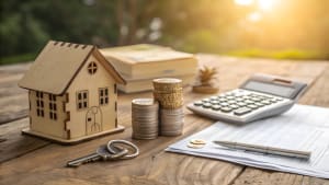 Maison miniature, pi�ces de monnaie, cl�s, calculatrice et documents administratifs.