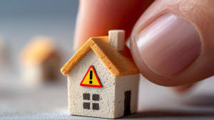 Doigt tenant une maison miniature avec un signe d?avertissement.