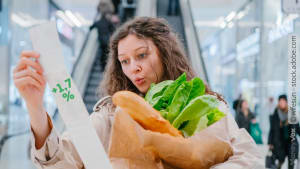 Femme surprise regardant un ticket de caisse, courses à la main. inflation