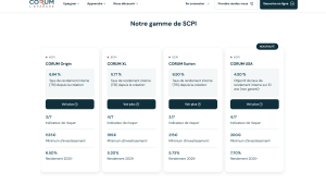 Capture du site Corum présentant les quatre offres SCPI avec rendements et risques.