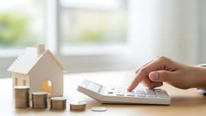 Maison miniature, pi�ces de monnaie, main utilisant une calculatrice.