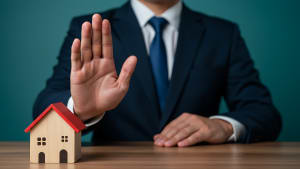 Homme en costume refuse l'accès à une maison miniature.