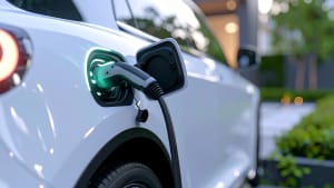 Voiture �lectrique en train de se recharger � une borne.