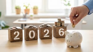 Épargne pour 2026 avec tirelire et pièces de monnaie.