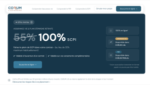 Capture du site CORUM présentant l'offre limitée "100% SCPI dans contrat CORUM Life"