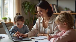 Une femme aide deux enfants � faire leurs devoirs.