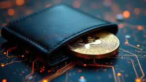 Portefeuille en cuir avec une pièce de bitcoin dorée.