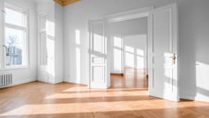 Pièce vide, appartement avec plafond en stuc et sol en parquet