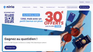 Capture du site Nirio pr�sentant l'offre de bienvenue 30 euros offerts.