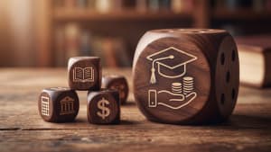 Dés en bois avec symboles d?éducation et finance gravés.