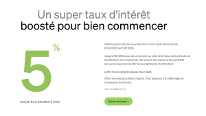 Capture du site Fortuneo présentant l'offre sur le livret à 5% d'intérêt pendant 3 mois.
