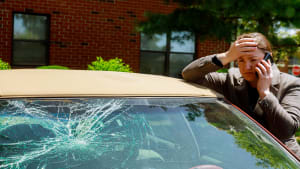 Une femme passant un appel téléphonique à côté d'une voiture dont le pare-brise est endommagé.