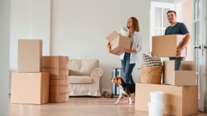 Avançant avec des boîtes. Un jeune couple avec un chien déménage dans une nouvelle maison.