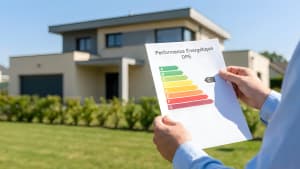 Personne tenant un diagnostic �nerg�tique devant une maison moderne.