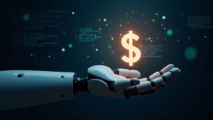 Main robotique tenant un symbole dollar lumineux, fond numérique.
