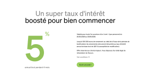 Capture du site Fortuneo présentant le livret + à taux d'intérêt boosté à 5% annuel.