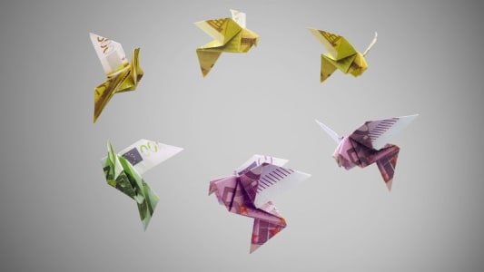 Oiseaux origami en euros