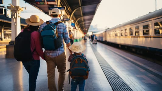 Une famille  la gare