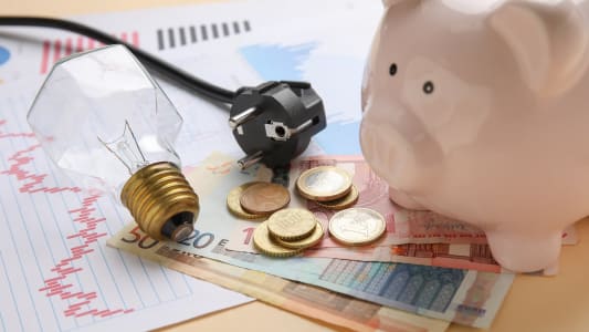 Une ampoule, de l'argent et un document symbolisant des variations de prix.