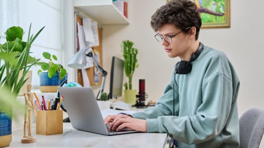 Un tudiant  son bureau, devant son ordinateur.