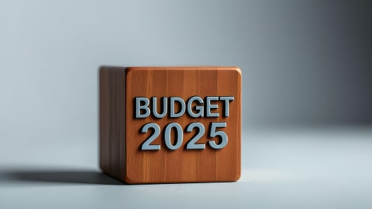Un cube en bois avec inscrit Budget 2025.