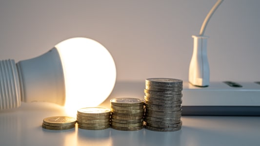 Une ampoule allume, une prise lectrique et des piles de pices. 