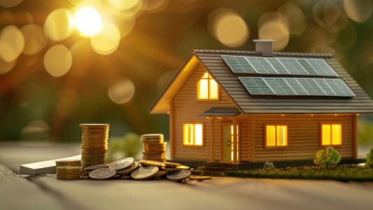 Une maison miniature quipe de panneaux photovoltaques  ct de piles de pices.