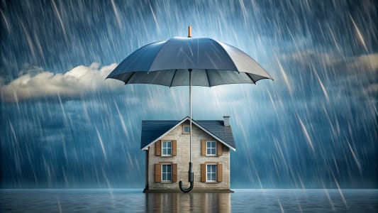 Une maison miniature protge par un parapluie.