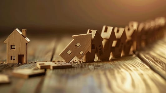 Des maisons miniatures tombent comme des dominos