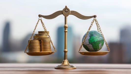 Une balance avec d'un ct des pices de monnaie et de l'autre une reprsentation de la Terre.