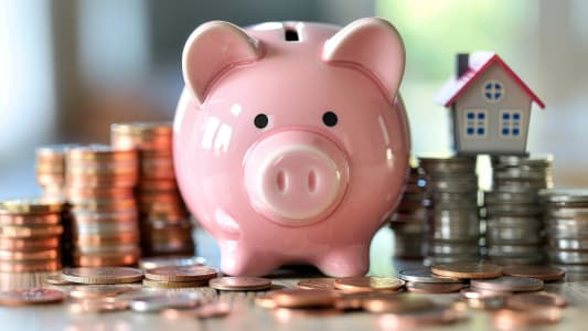 Une tirelire, des pièces de monnaie et une maison miniature;