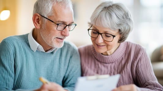 Un couple de seniors regarde un document.