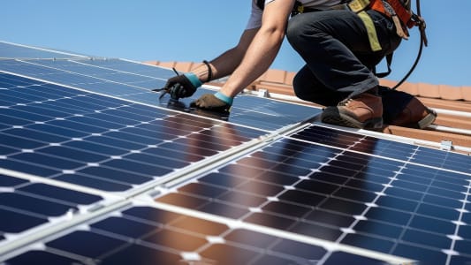 Un professionnel installe des panneaux photovoltaques sur un toit.