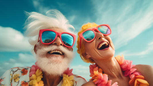 Un couple senior, heureux, riant ensemble, en vacances au soleil, portant des chemises hawaïennes, des colliers de fleurs et des lunettes de soleil rouge, concept de bonheur à la retraite.