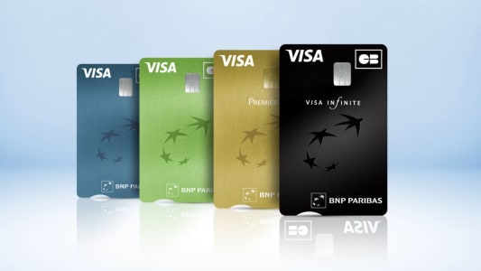 Quatre cartes bancaires Visa Bnp Paribas de couleurs diff�rentes align�es.