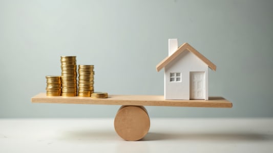 Une balance avec une maison et des piles de pièces.