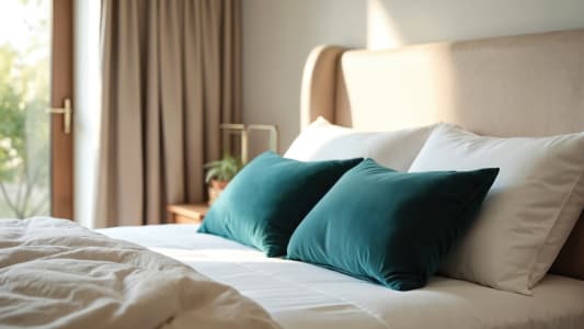 Chambre lumineuse avec lit blanc et coussins verts.