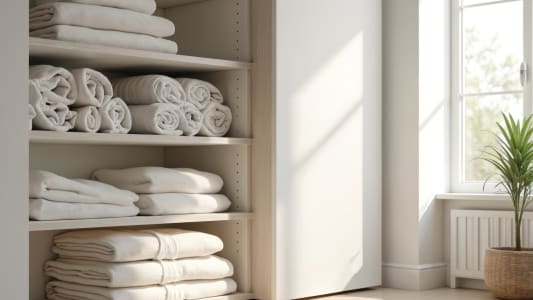 tagre avec serviettes blanches roules dans une pice lumineuse.