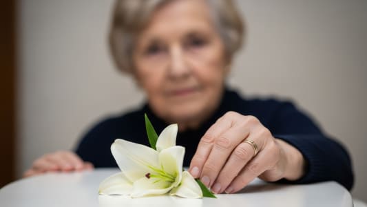 Femme âgée en deuil, déposant un lys blanc, exprimant sa tristesse pour les funérailles et le souvenir.