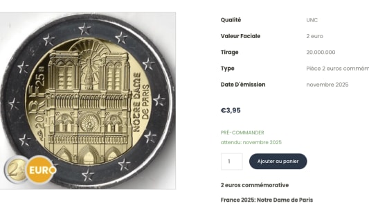 Pi�ce de 2 euros comm�morative avec Notre-Dame de Paris.