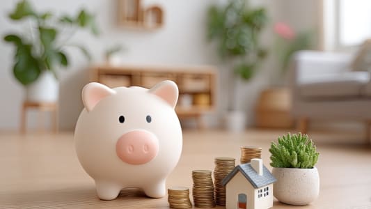 Tirelire, pièces, maisonnette et plante sur une table.