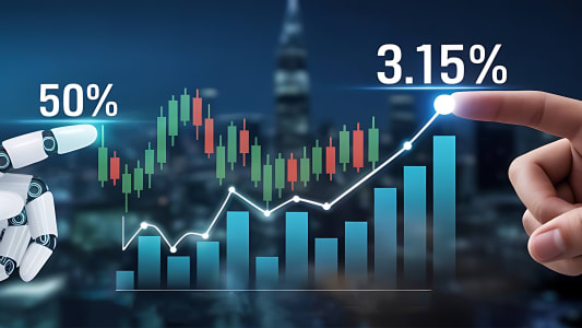 Main humaine et robotique analysant des graphiques financiers avec pourcentages.